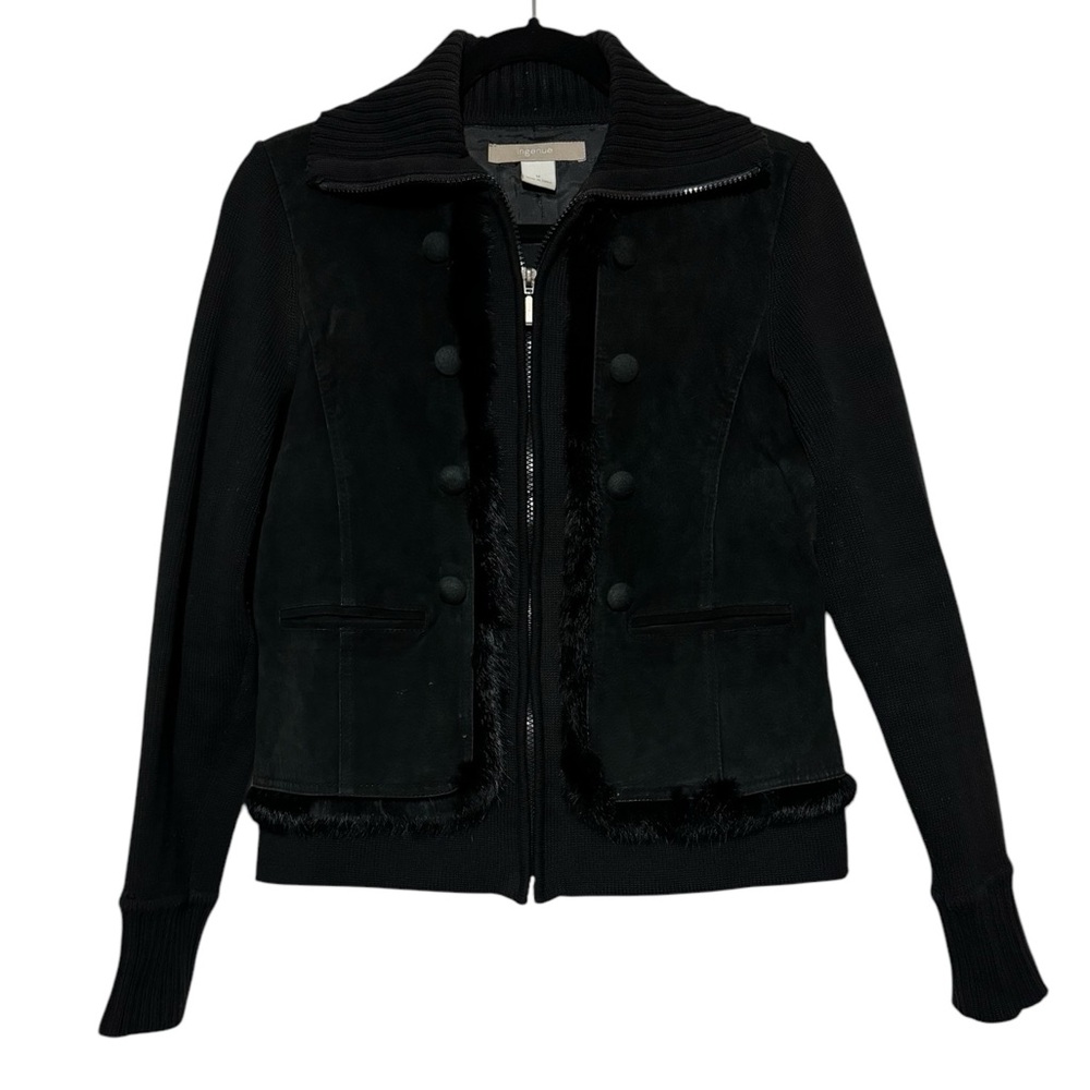 Ingenue Black Leather Suede Rabbit Fur Ribbed Knit Jacket Women’s Size‎ Medium